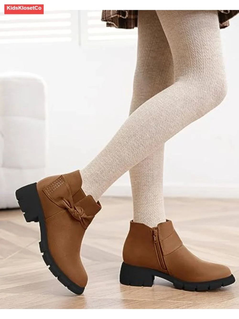Girls Ankle Boots Block Heel Glitter Bow Zipper Chelsea Booties